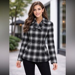 GAP Black White Plaid Double-Breasted Peacoat Wool Blend Coat — XS